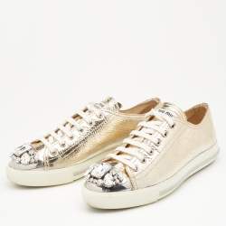 Pre Owned Miu Miu Metallic Gold Leather Crystal Embellished Metal Cap Toe Low Top Sneakers Size 37