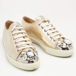 Pre Owned Miu Miu Metallic Gold Leather Crystal Embellished Metal Cap Toe Low Top Sneakers Size 37