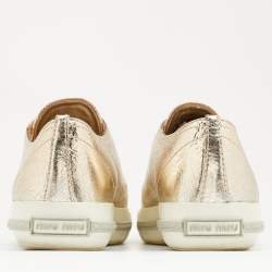 Pre Owned Miu Miu Metallic Gold Leather Crystal Embellished Metal Cap Toe Low Top Sneakers Size 37