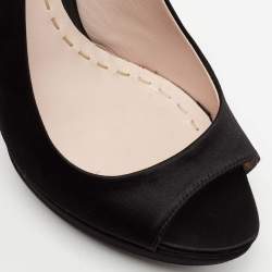 Pre Owned Miu Miu Black Satin Crystal Embellished Heel Peep-Toe Slingback Sandals Size 36.5