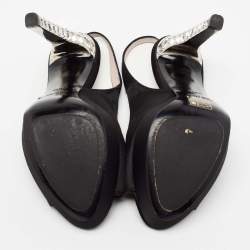 Pre Owned Miu Miu Black Satin Crystal Embellished Heel Peep-Toe Slingback Sandals Size 36.5