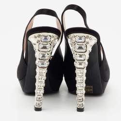 Pre Owned Miu Miu Black Satin Crystal Embellished Heel Peep-Toe Slingback Sandals Size 36.5