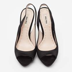 Pre Owned Miu Miu Black Satin Crystal Embellished Heel Peep-Toe Slingback Sandals Size 36.5