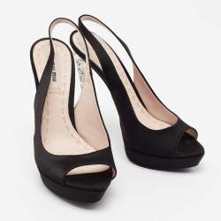 Pre Owned Miu Miu Black Satin Crystal Embellished Heel Peep-Toe Slingback Sandals Size 36.5