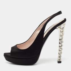 Pre Owned Miu Miu Black Satin Crystal Embellished Heel Peep-Toe Slingback Sandals Size 36.5