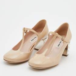 مملوكة مسبقًا Miu Miu Beige Patent Leather Crystal Embellished Heel Mary Jane Pumps Size 37.5
