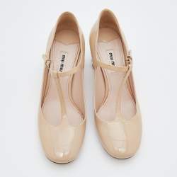 مملوكة مسبقًا Miu Miu Beige Patent Leather Crystal Embellished Heel Mary Jane Pumps Size 37.5