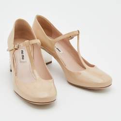 مملوكة مسبقًا Miu Miu Beige Patent Leather Crystal Embellished Heel Mary Jane Pumps Size 37.5