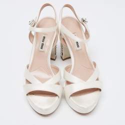 Miu Miu White Satin Crystal Embellished Block Heel Ankle Strap Platform Sandals Size 37