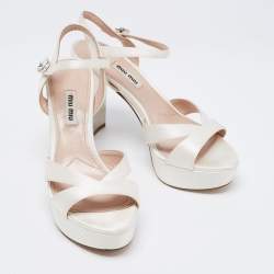 Miu Miu White Satin Crystal Embellished Block Heel Ankle Strap Platform Sandals Size 37