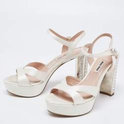 Miu Miu White Satin Crystal Embellished Block Heel Ankle Strap Platform Sandals Size 37