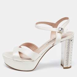 Miu Miu White Satin Crystal Embellished Block Heel Ankle Strap Platform Sandals Size 37