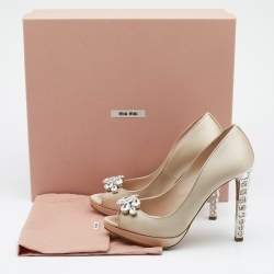 Pre Owned Miu Miu Beige Satin Embellished Peep Toe Pumps Size 38