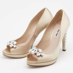 Pre Owned Miu Miu Beige Satin Embellished Peep Toe Pumps Size 38