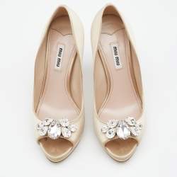 Pre Owned Miu Miu Beige Satin Embellished Peep Toe Pumps Size 38