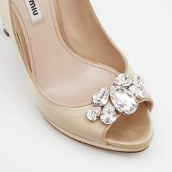 Pre Owned Miu Miu Beige Satin Embellished Peep Toe Pumps Size 38