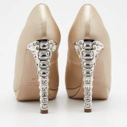 Pre Owned Miu Miu Beige Satin Embellished Peep Toe Pumps Size 38