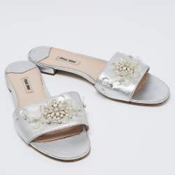 Miu Miu Silver Leather Embellished Flats Size 40