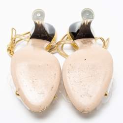 Pre Owned Miu Miu Gold PVC And Leather Vinyl Floral Embellished Ankle Strap Sandals Size 37