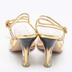 Pre Owned Miu Miu Gold PVC And Leather Vinyl Floral Embellished Ankle Strap Sandals Size 37