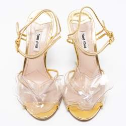 Pre Owned Miu Miu Gold PVC And Leather Vinyl Floral Embellished Ankle Strap Sandals Size 37
