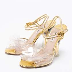 Pre Owned Miu Miu Gold PVC And Leather Vinyl Floral Embellished Ankle Strap Sandals Size 37