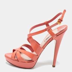 Miu Miu Peach Pink Patent Leather Platform Ankle Strap Sandals Size 39