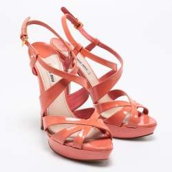 Miu Miu Peach Pink Patent Leather Platform Ankle Strap Sandals Size 39