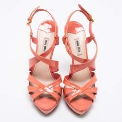 Miu Miu Peach Pink Patent Leather Platform Ankle Strap Sandals Size 39