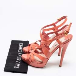 Miu Miu Peach Pink Patent Leather Platform Ankle Strap Sandals Size 39