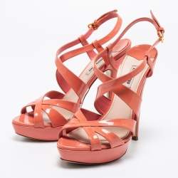 Miu Miu Peach Pink Patent Leather Platform Ankle Strap Sandals Size 39