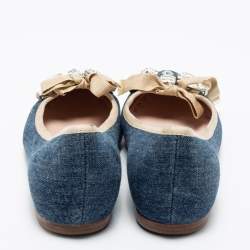 Pre Owned Miu Miu Blue Denim Crystal Embellished Bow Pointed Toe Ballet Flats Size 36