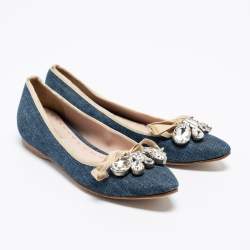 Pre Owned Miu Miu Blue Denim Crystal Embellished Bow Pointed Toe Ballet Flats Size 36