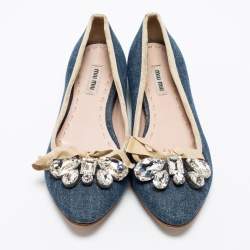 Pre Owned Miu Miu Blue Denim Crystal Embellished Bow Pointed Toe Ballet Flats Size 36