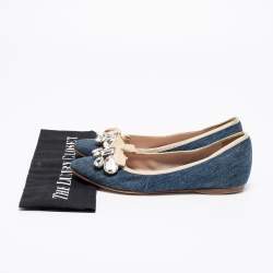 Pre Owned Miu Miu Blue Denim Crystal Embellished Bow Pointed Toe Ballet Flats Size 36