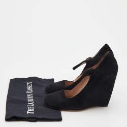 Miu Miu Black Suede Square Toe Mary Jane Wedge Pumps Size 38