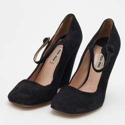 Miu Miu Black Suede Square Toe Mary Jane Wedge Pumps Size 38