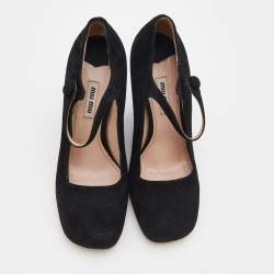 Miu Miu Black Suede Square Toe Mary Jane Wedge Pumps Size 38
