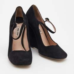 Miu Miu Black Suede Square Toe Mary Jane Wedge Pumps Size 38