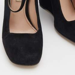 Miu Miu Black Suede Square Toe Mary Jane Wedge Pumps Size 38