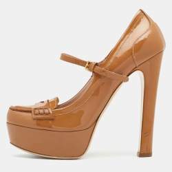 Miu Miu Brown Patent Leather Penny Loafer Platform Pumps Size 38.5
