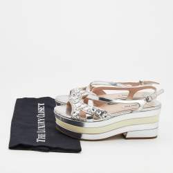 Miu Miu Silver Leather And Glitter Embellished Wedge Platform Slingback Sandals Size 37