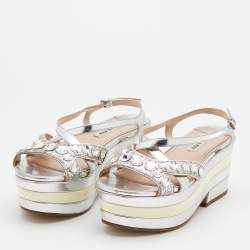 Miu Miu Silver Leather And Glitter Embellished Wedge Platform Slingback Sandals Size 37