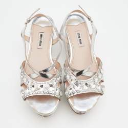 Miu Miu Silver Leather And Glitter Embellished Wedge Platform Slingback Sandals Size 37