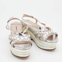 Miu Miu Silver Leather And Glitter Embellished Wedge Platform Slingback Sandals Size 37