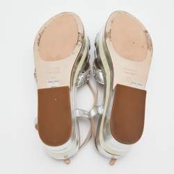 Miu Miu Silver Leather And Glitter Embellished Wedge Platform Slingback Sandals Size 37
