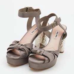 Miu Miu Grey Satin Crystal Embellished Block Heel Platform Ankle Strap Sandals Size 39