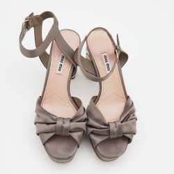 Miu Miu Grey Satin Crystal Embellished Block Heel Platform Ankle Strap Sandals Size 39