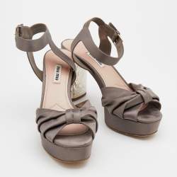 Miu Miu Grey Satin Crystal Embellished Block Heel Platform Ankle Strap Sandals Size 39