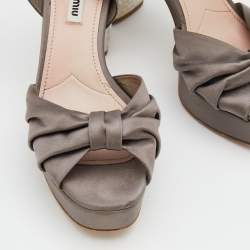 Miu Miu Grey Satin Crystal Embellished Block Heel Platform Ankle Strap Sandals Size 39